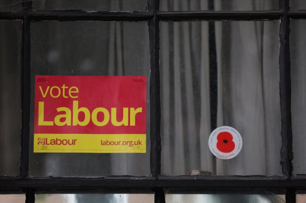 A Labour Party flyer in a house window in the Holborn & St Pancras constituency in London, U.K., June 26, 2024. (EPA Photo)