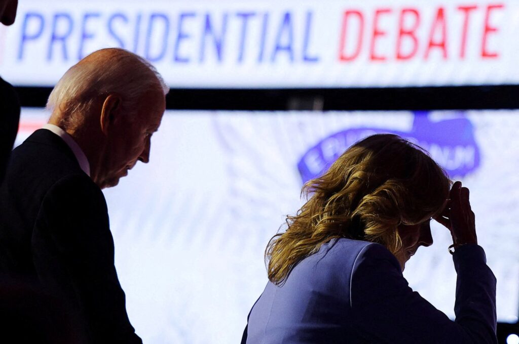 Democrat candidate U.S. President Joe Biden walks offstage with first lady Jill Biden at the conclusion of a presidential debate with Republican presidential candidate former U.S. President Donald Trump, Atlanta, Georgia, U.S., June 27, 2024. (Reuters Photo)