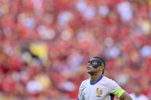 Kylian Mbappe of France looks up during a round of 16 match between France and Belgium at the Euro 2024 in Duesseldorf, Germany, Monday, July 1, 2024. (AP Photo)