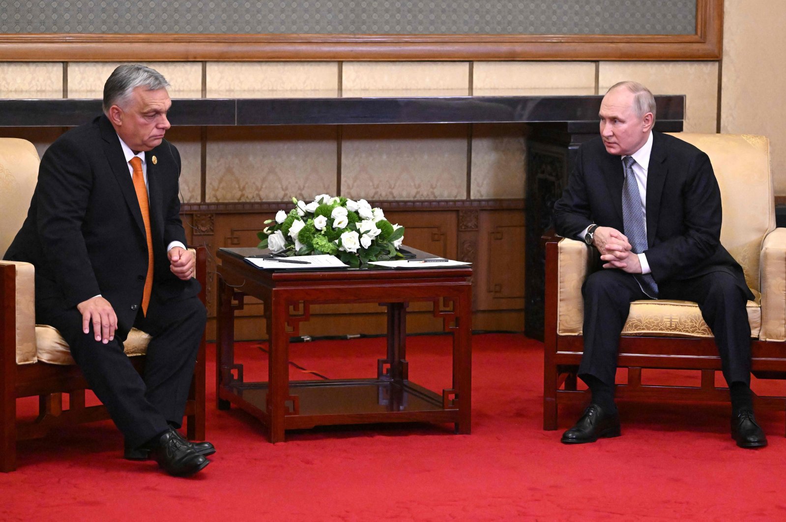 This pool photograph distributed by Russian state-owned agency Sputnik shows Russia's President Vladimir Putin meeting with Hungarian Prime Minister Viktor Orban on the sidelines of the Third Belt and Road Forum in Beijing, China, Oct. 17, 2023. (AFP File Photo)