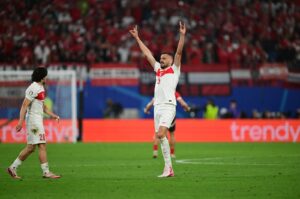 Türkiye's Merih Demiral celebrates after scoring his second goal during the UEFA Euro 2024 Round of 16 match against Austria, Leipzig, Germany, July 2, 2024. (AA Photo)