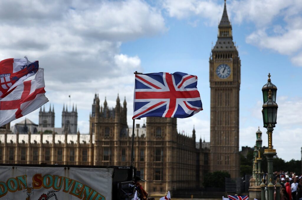 The British Union flag flies in front of the Parliament building on General Election day, in London, Britain, 04 July 2024. (EPA Photo)