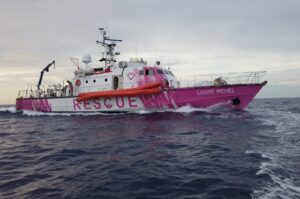 In this undated still image taken from video, the Louise Michel, a migrants search and rescue ship operating in the Mediterranean and financed by British street artist Banksy, is seen at sea. (Reuters Photo)