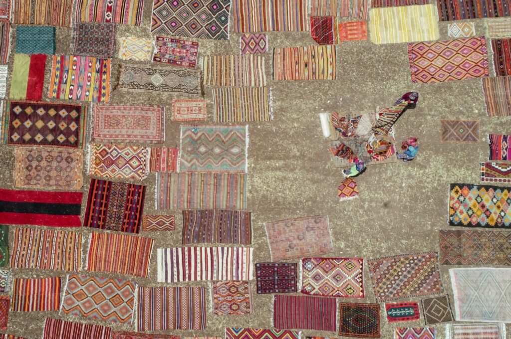 An aerial view shows the carpets left out in the sun, Döşemealtı, Antalya, western Türkiye, July 4, 2024. (AA Photo)