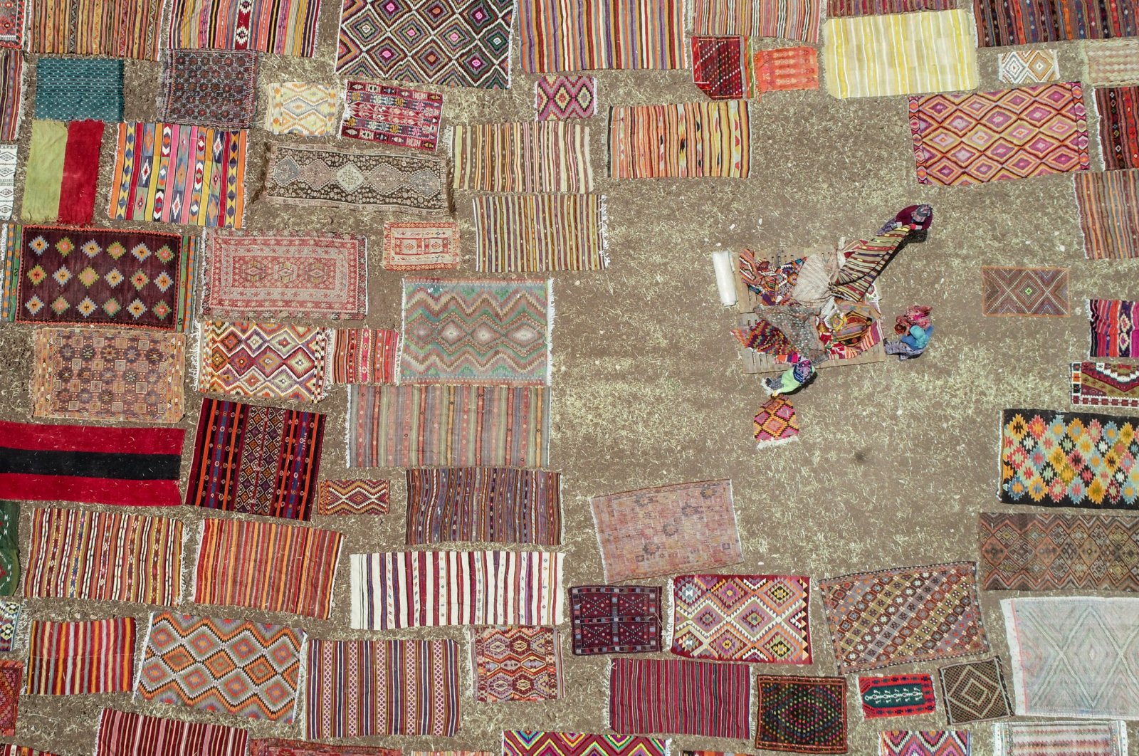 An aerial view shows the carpets left out in the sun, Döşemealtı, Antalya, western Türkiye, July 4, 2024. (AA Photo)