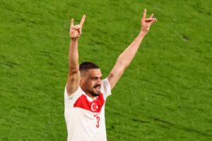 Türkiye's Merih Demiral celebrates after scoring his second goal during the UEFA Euro 2024 Round of 16 match against Austria, Leipzig, Germany, July 2, 2024. (AA Photo)