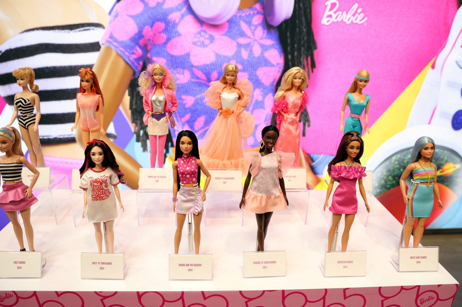 The new and old versions of the classic Barbie dolls are on display at Mattel Design Center in El Segundo, California, U.S., Feb. 22, 2024. (Reuters Photo)