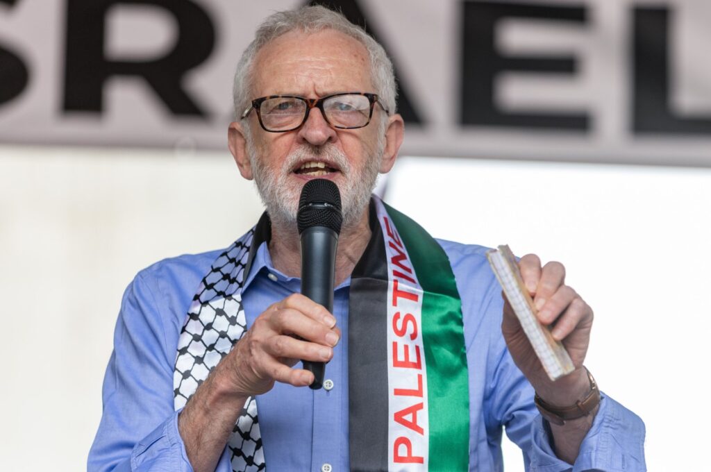 Jeremy Corbyn, member of Parliament for Islington North, addresses tens of thousands of pro-Palestinian protesters at a rally in Whitehall to mark the 76th anniversary of the "nakba," London, U.K., May 18, 2024. (Getty Images Photo)