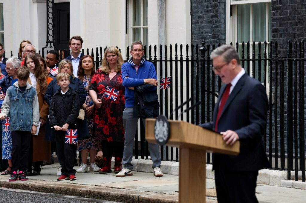 Guests watch as new British Prime Minister Keir Starmer delivers his speech outside Number 10 Downing Street, following the results of the general election, in London, Britain, July 5, 2024. (Reuters Photo)