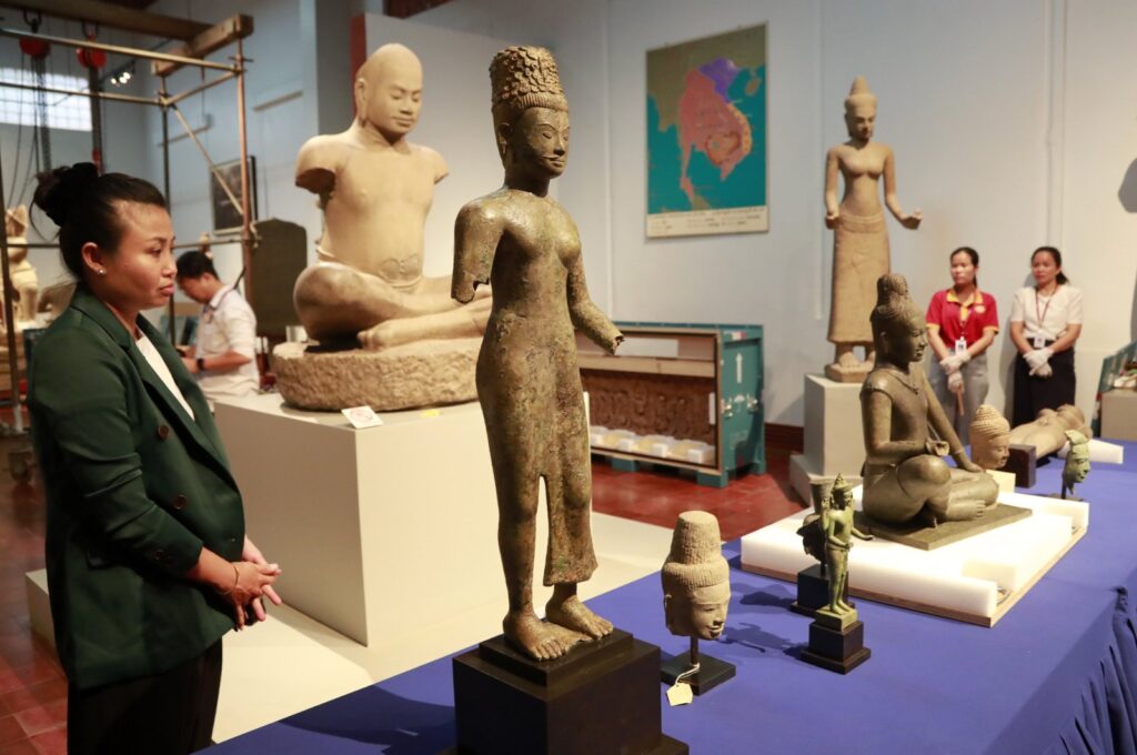 Artifacts are displayed during a handover ceremony at the National Museum in Phnom Penh, Cambodia, July 4, 2024. (EPA Photo)