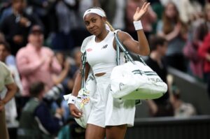 U.S.' Coco Gauff greets the crowd as she leaves the pitch after losing to Emma Navarro during their round of 16 match at the Wimbledon Championships, Wimbledon, London, U.K., July 7, 2024. (EPA Photo)
