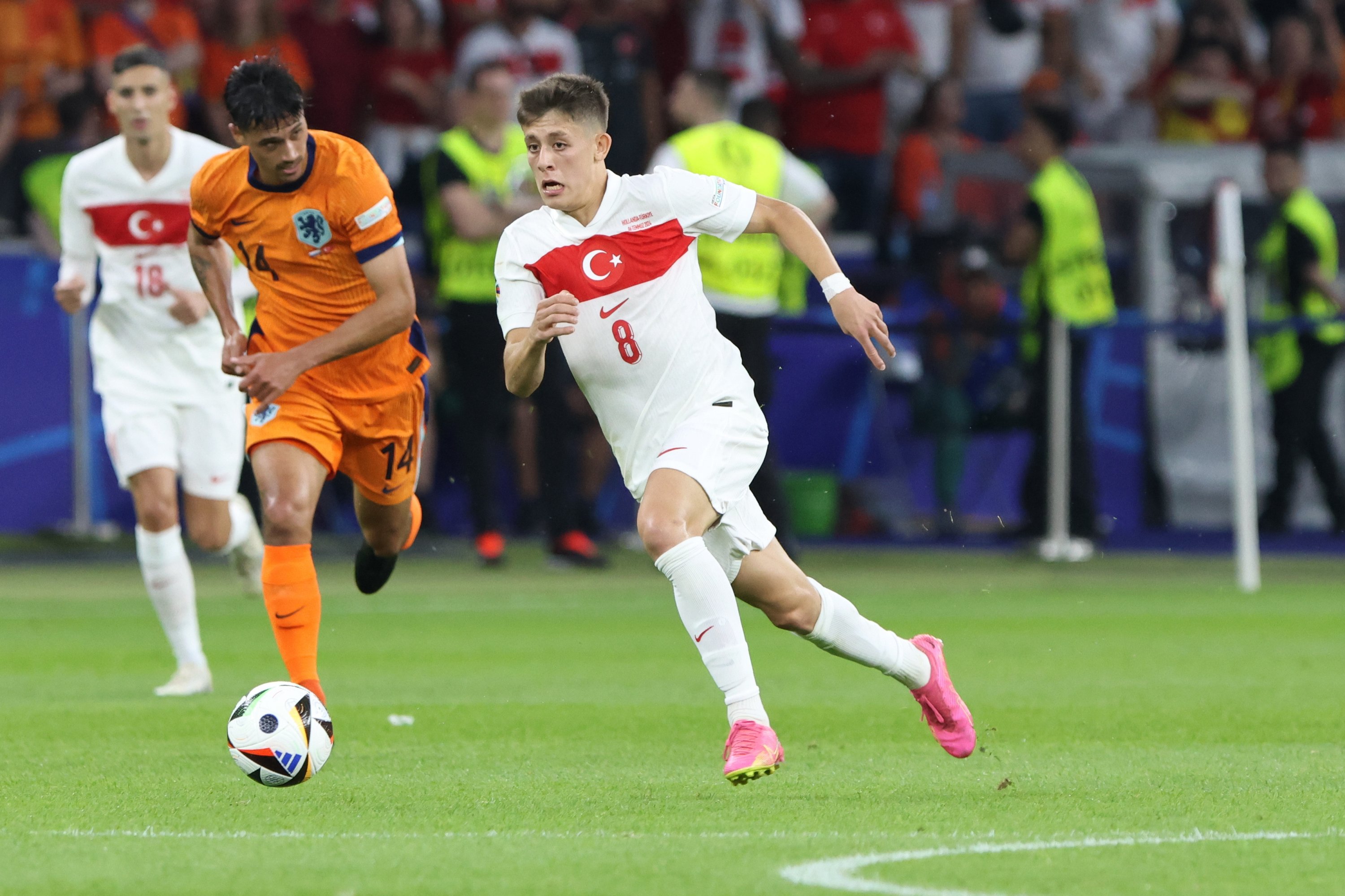 336000 Türkiye's Arda Güler (R) during the UEFA Euro 2024 quarterfinal match against the Netherlands at Olympiastadion, Berlin, Germany, July 6, 2024. (Getty Images Photo)