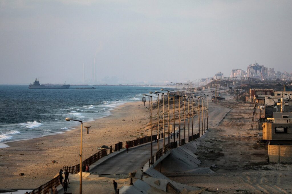 A ship is seen near a temporary floating pier previously anchored by the U.S. to boost aid deliveries in the Gaza Strip, June 27, 2024. (EPA Photo)