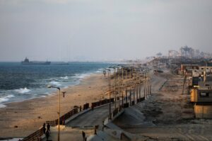 A ship is seen near a temporary floating pier previously anchored by the U.S. to boost aid deliveries in the Gaza Strip, June 27, 2024. (EPA Photo)