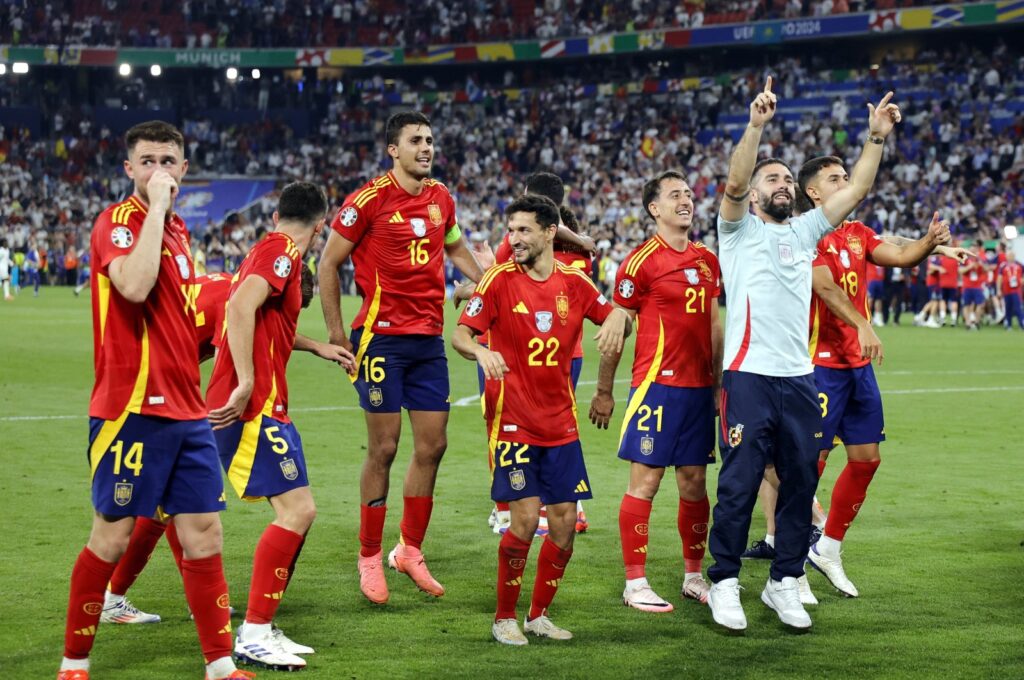 Players of Spain celebrate winning the UEFA EURO 2024 semi-finals soccer match between Spain and France in Munich, Germany, July 9, 2024. (EPA Photo)