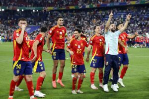Players of Spain celebrate winning the UEFA EURO 2024 semi-finals soccer match between Spain and France in Munich, Germany, July 9, 2024. (EPA Photo)