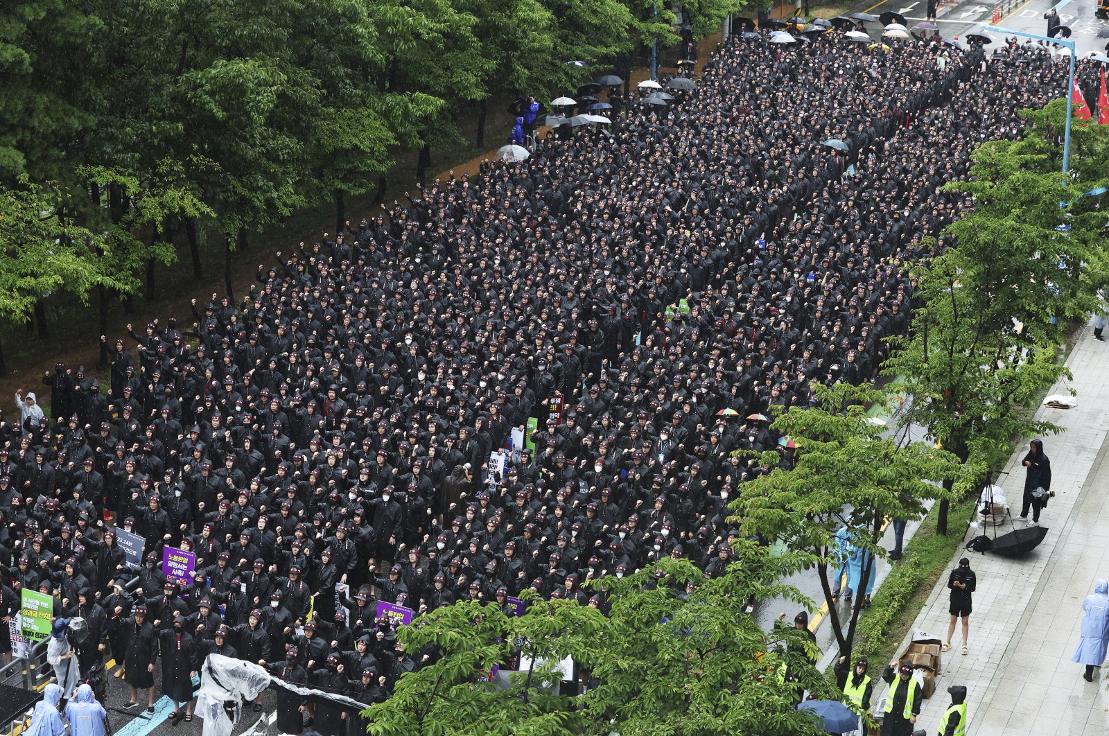 Members of the National Samsung Electronics Union gather during a rally outside of Samsung Electronics' Hwaseong campus in Hwaseong, South Korea, July 8, 2024. (AP Photo)