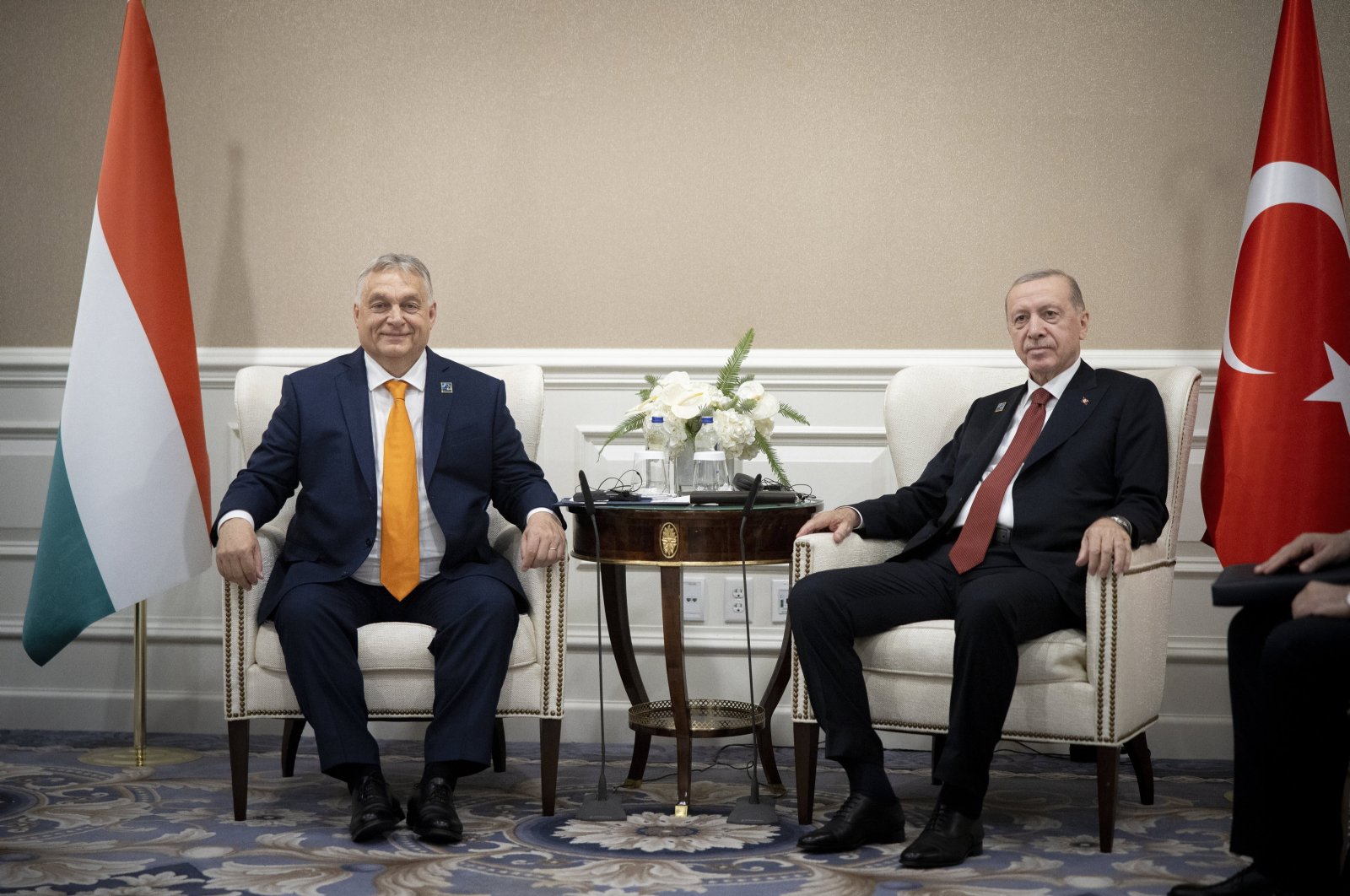 A handout photo made available by the Hungarian Prime Minister's Press Office, shows President Recep Tayyip Erdoğan and Hungarian Prime Minister Viktor Orban sitting together at the start of their meeting on the sideline of the NATO Summit in Washington, D.C., July 9, 2024. (EPA Photo)