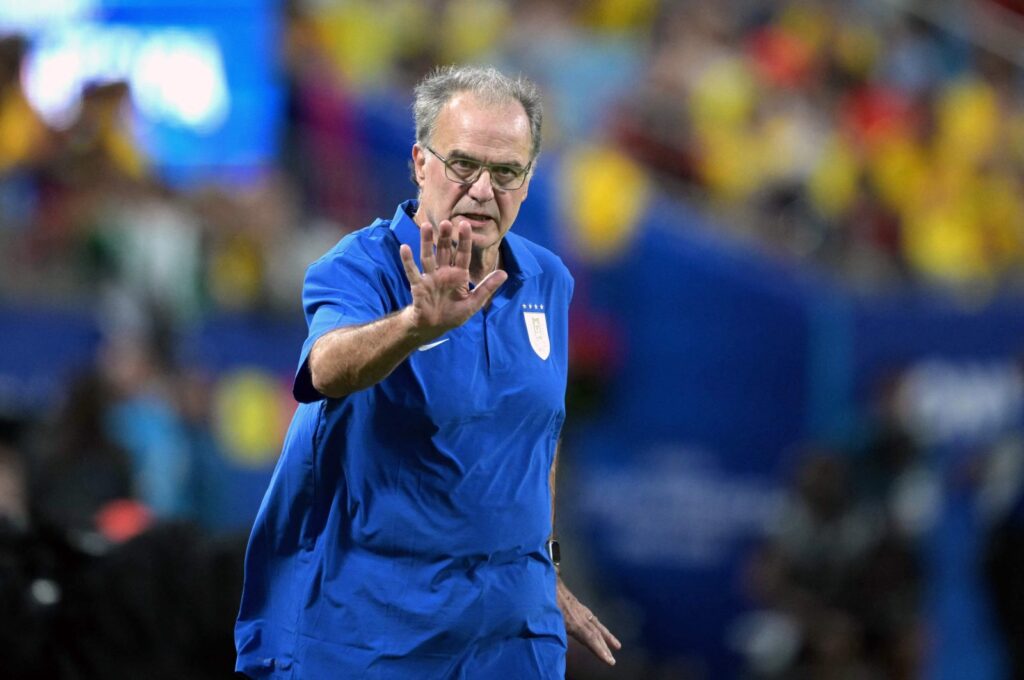 Uruguay's Argentine coach Marcelo Bielsa gestures during the 2024 Copa America semifinal against Colombia, Charlotte, North Caroline, U.S., July 10, 2024. (AFP Photo)