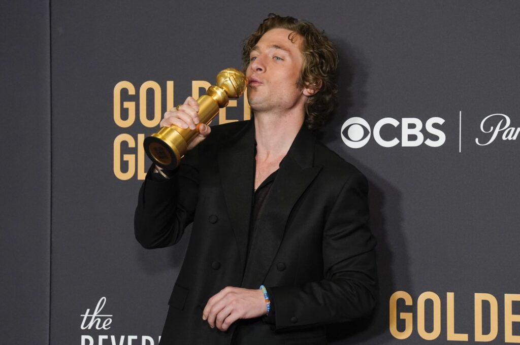 Jeremy Allen White poses in the press room with the award for best performance by an actor in a television series, musical or comedy for "The Bear" at the 81st Golden Globe Awards at the Beverly Hilton in Beverly Hills, California, U.S., Jan. 7, 2024. (AP Photo)
