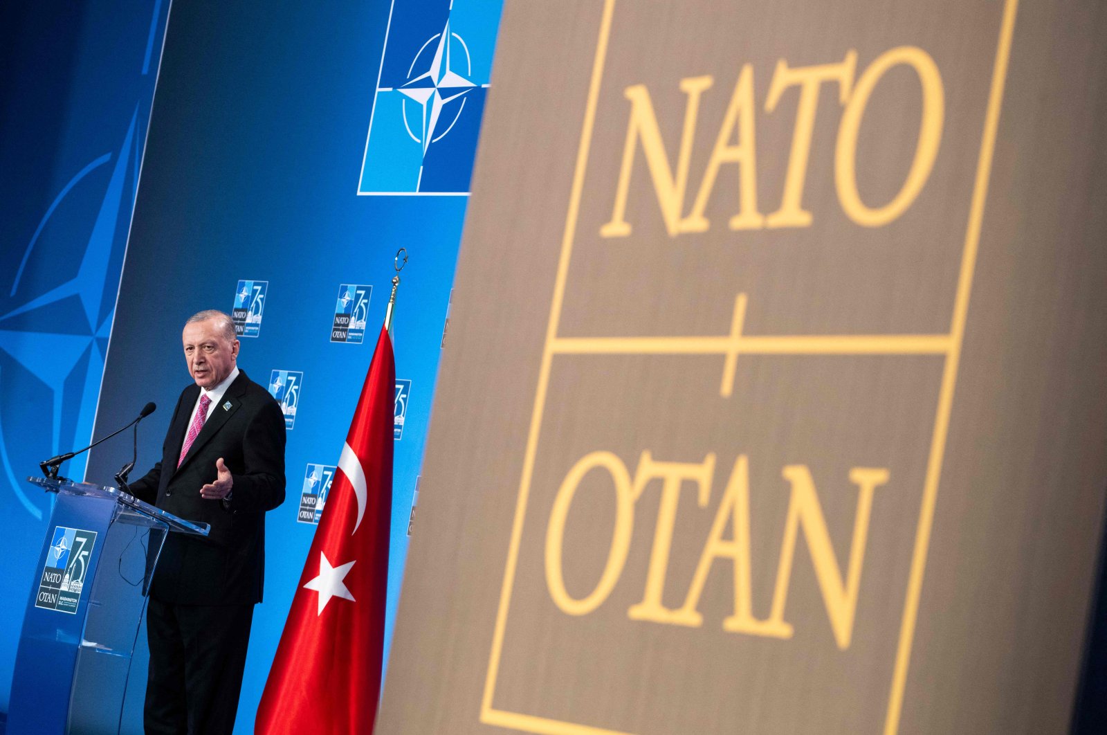 President Recep Tayyip Erdoğan speaks during a press conference on the sidelines of the NATO 75th anniversary summit, Washington, D.C., U.S., July 11, 2024. (AFP Photo)