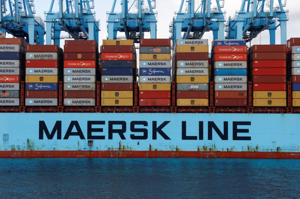 Containers are seen on the Maersk's Triple-E giant container ship Majestic Maersk, one of the world's largest container ships, next to cranes at the APM Terminals in the port of Algeciras, Spain, Jan. 20, 2023. (Reuters Photo)