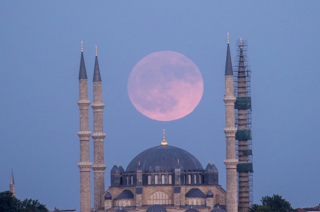 Selimiye Mosque, considered Mimar Sinan's masterpiece, captured under the full moon, Edirne, Türkiye, June 21, 2024. (AA Photo)