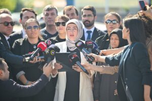 Ayşe Ateş (C), widow of Turkish nationalist Sinan Ateş who was murdered in 2022, holds a press briefing after a hearing in the capital Ankara, Türkiye, July 19, 2024. (AA Photo)