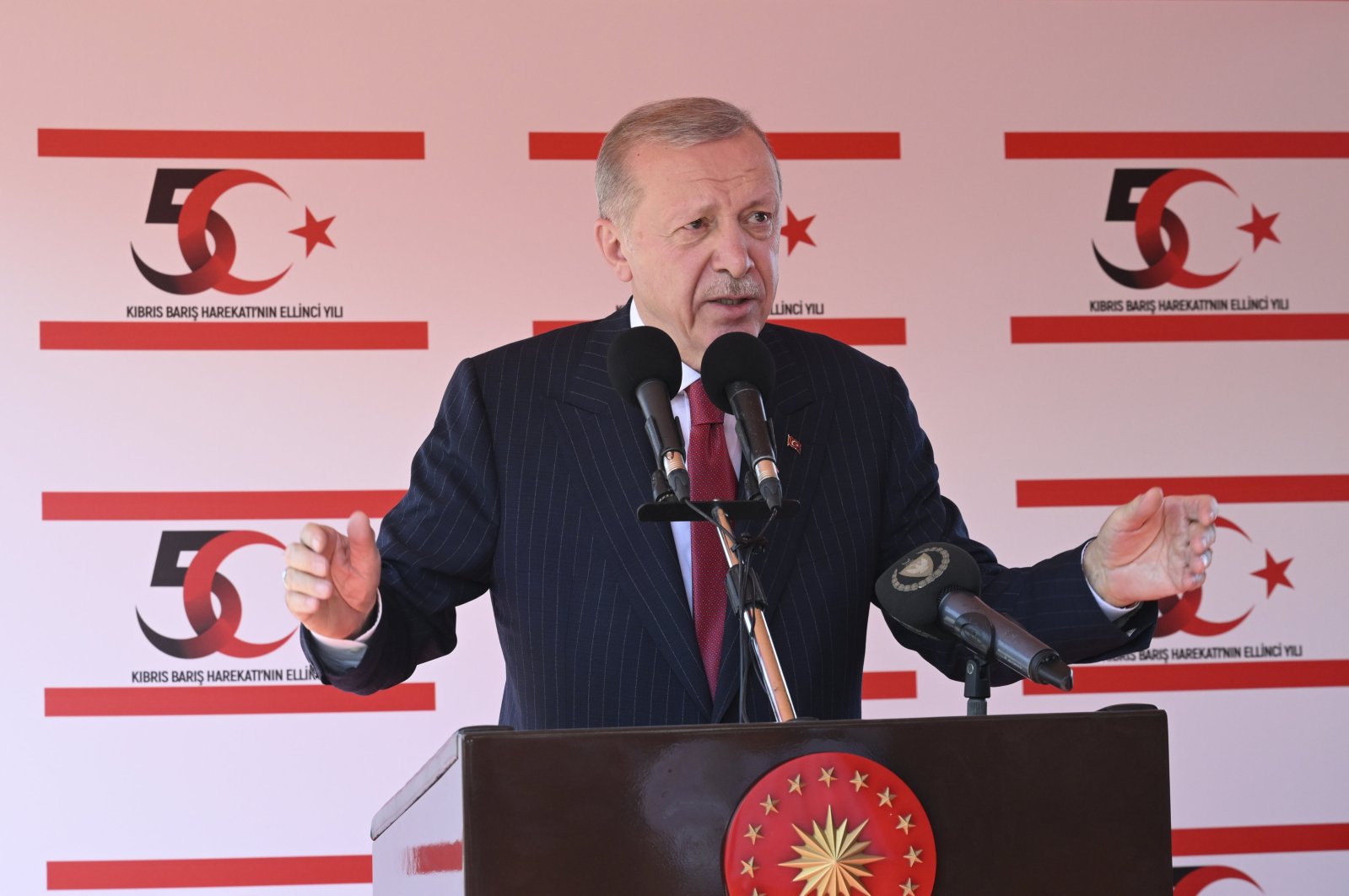 President Recep Tayyip Erdoğan speaks at a ceremony in Lefkoşa (Nicosia), TRNC, July 20, 2024. (AA Photo)