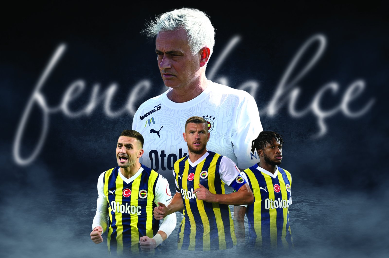 An illustration shows Fenerbahçe coach Jose Mourinho (C) and some of his players. (Illustration by Mehmet Mücahıt Yılmaz)