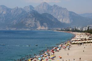 An aerial view of Konyaaltı beach, Antalya, southern Türkiye, July 21, 2024. (DHA Photo)