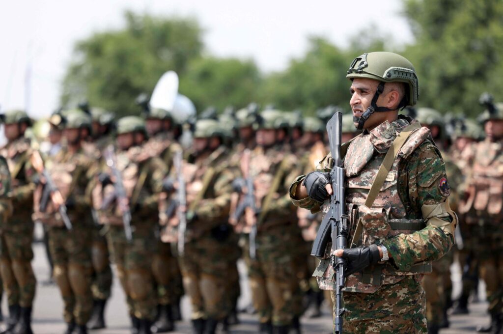 Armenian servicemen take part in the opening ceremony of the joint Armenia-U.S. military exerciseö Yerevan, Armenia, July 15, 2024. (AFP Photo)