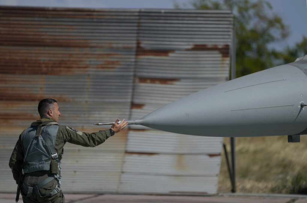 The pilot of the Greek Fighter Jet F-16 Viper checks the aircraft before takeoff at Tanagra Air Force Base, near Athens, Greece, Sept. 12, 2022. (AP Photo)