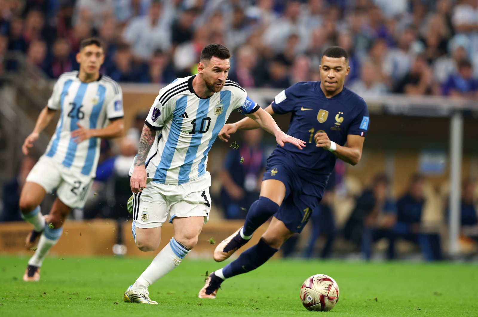 Argentina's Lionel Messi (L) and France's Kylian Mbappe vie for the ball during the FIFA World Cup Qatar 2022 Final match at Lusail Stadium, Lusail City, Qatar, Dec. 18, 2022. (Getty Images Photo)