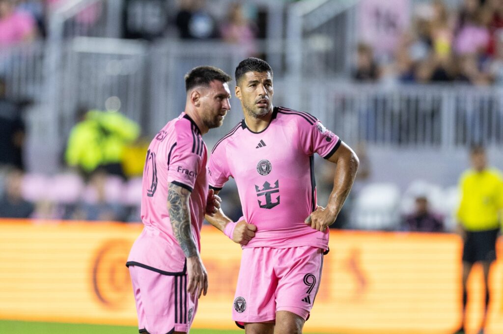 Inter Miami's Lionel Messi and Luis Suarez (R) during a preseason game against Newell's Old Boys at the DRV PNK Stadium, Fort Lauderdale, Florida, U.S. Feb. 15, 2024. (Getty Images Photo)