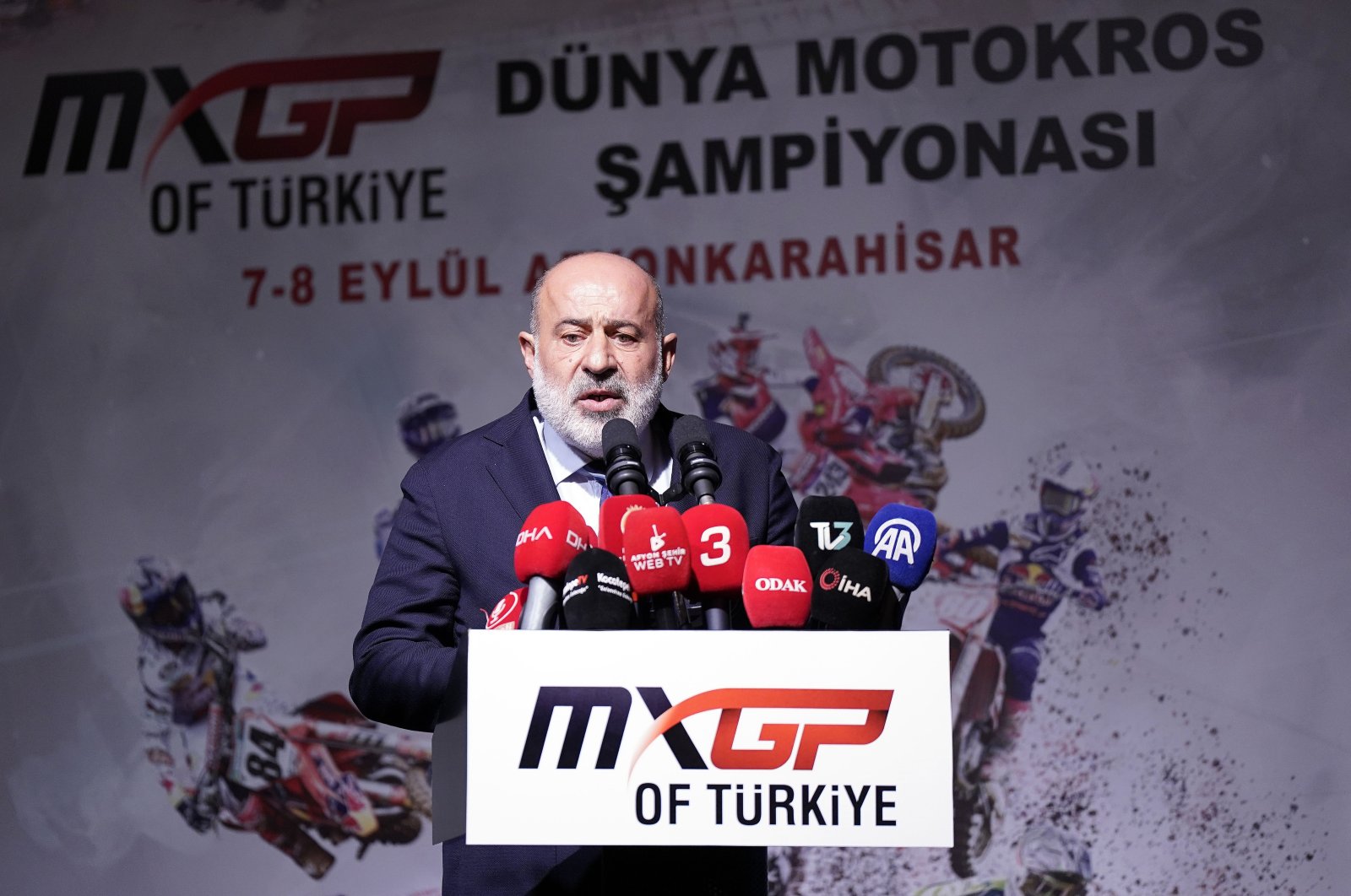 Turkish Motorcycle Federation Vice President Mahmut Nedim Akülke speaks at the MXGP Türkiye press release event, Afyon, Türkiye, Aug. 7, 2024. (IHA Photo)