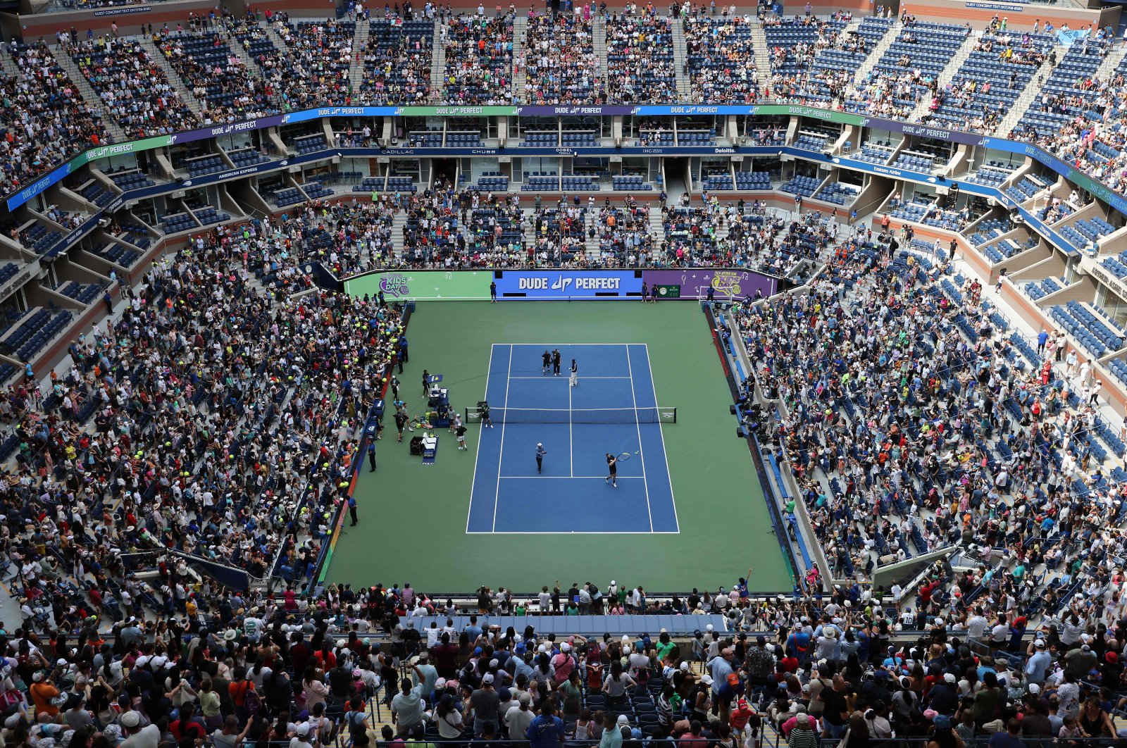 A general view as Dude Perfect performs during Arthur Ashe Kid's Day ahead of the U.S. Open at USTA Billie Jean King National Tennis Center, New York City, U.S., Aug. 24, 2024. (AFP Photo)