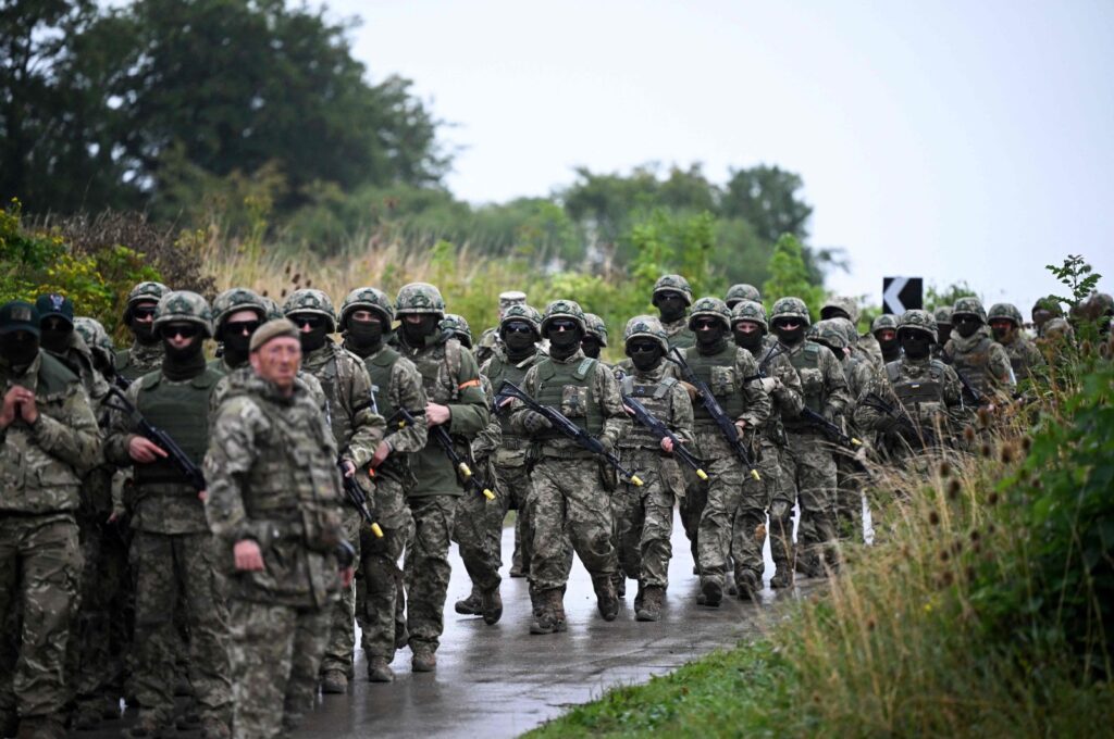 Ukrainian soldiers take part in a casualty simulation training exercise operated by Britain's armed forces, as part of the Interflex program. London states that its position has not changed since Ukrainian forces launched an offensive in Russia's Kursk region earlier this month, southern England, U.K., Aug. 22, 2024. (AFP Photo)