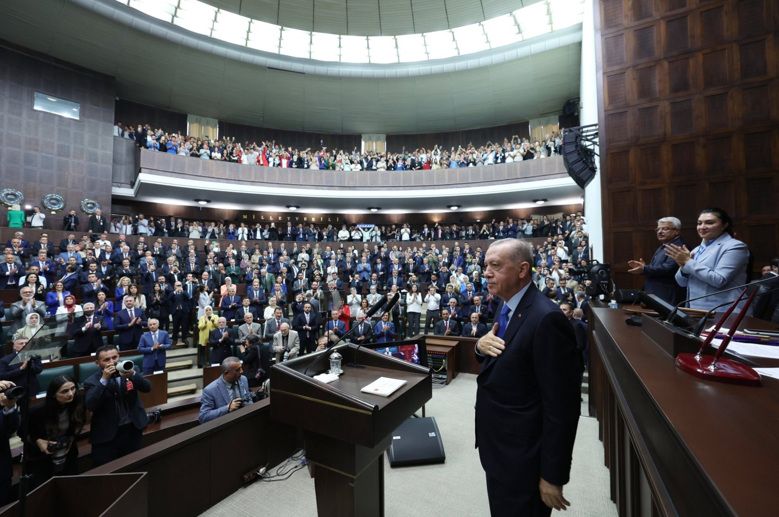 President Recep Tayyip Erdoğan greets lawmakers of his ruling Justice and Development Party (AK Party) at a parliamentary meeting, Ankara, Türkiye, July 24, 2024. (AA Photo)