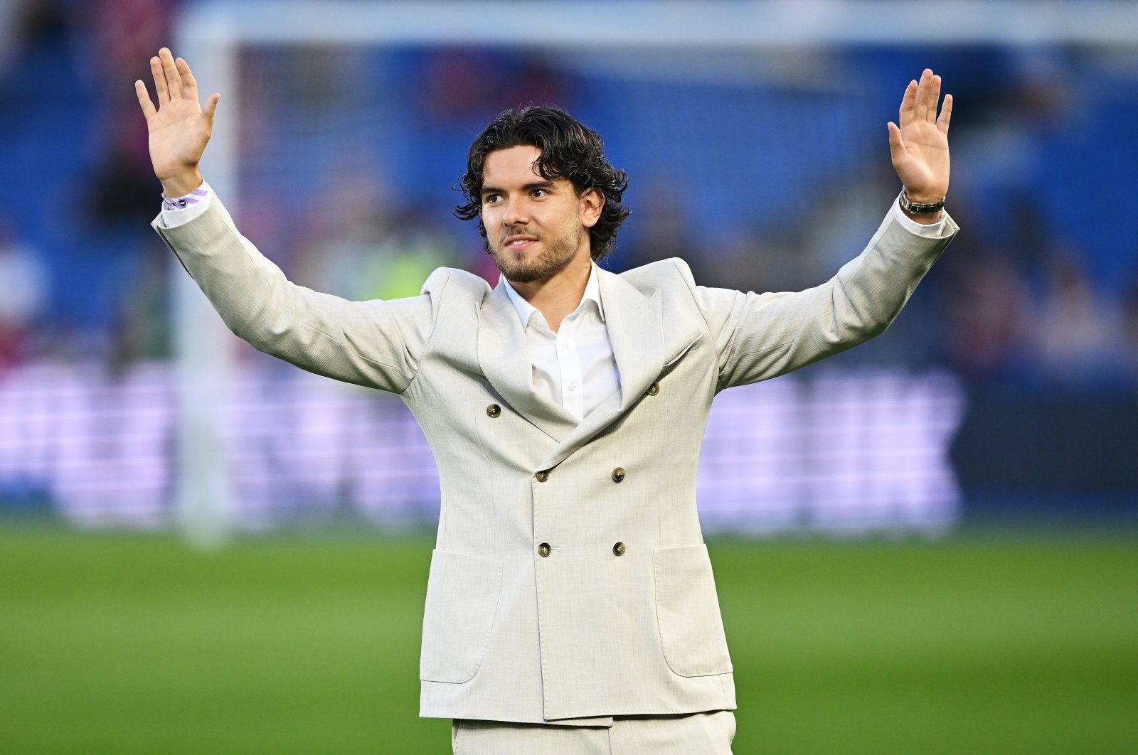 Brighton & Hove Albion's new signing Ferdi Kadıoğlu is presented to the crowd before the Carabao Cup Second Round match against Crawley Town at Amex Stadium, Brighton, U.K., Aug. 27, 2024. (Getty Images Photo)