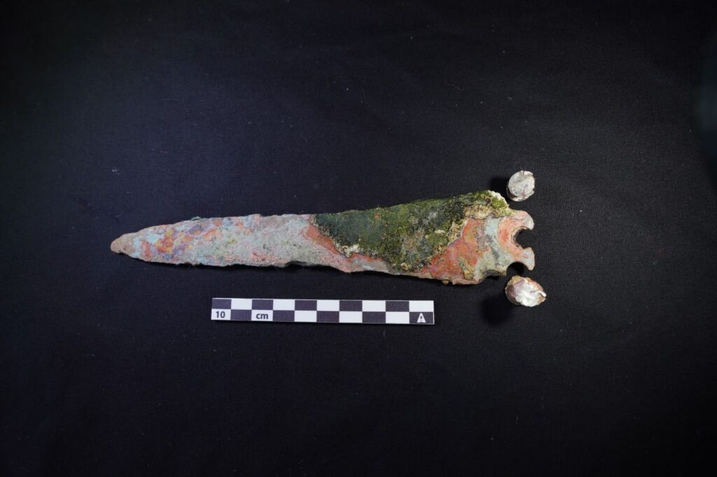 During an underwater excavation at a shipwreck off the coast of Kumluca a bronze dagger with silver rivets dating back approximately 3,600 years to the Minoan civilization was discovered, Antalya, Türkiye, Aug. 29, 2024. (DHA Photo)