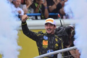 Winner Ferrari's Monegasque driver Charles Leclerc celebrates on the podium after the Italian Formula One Grand Prix race at Autodromo Nazionale Monza circuit, Monza, Italy, Sept. 1, 2024. (AFP Photo)
