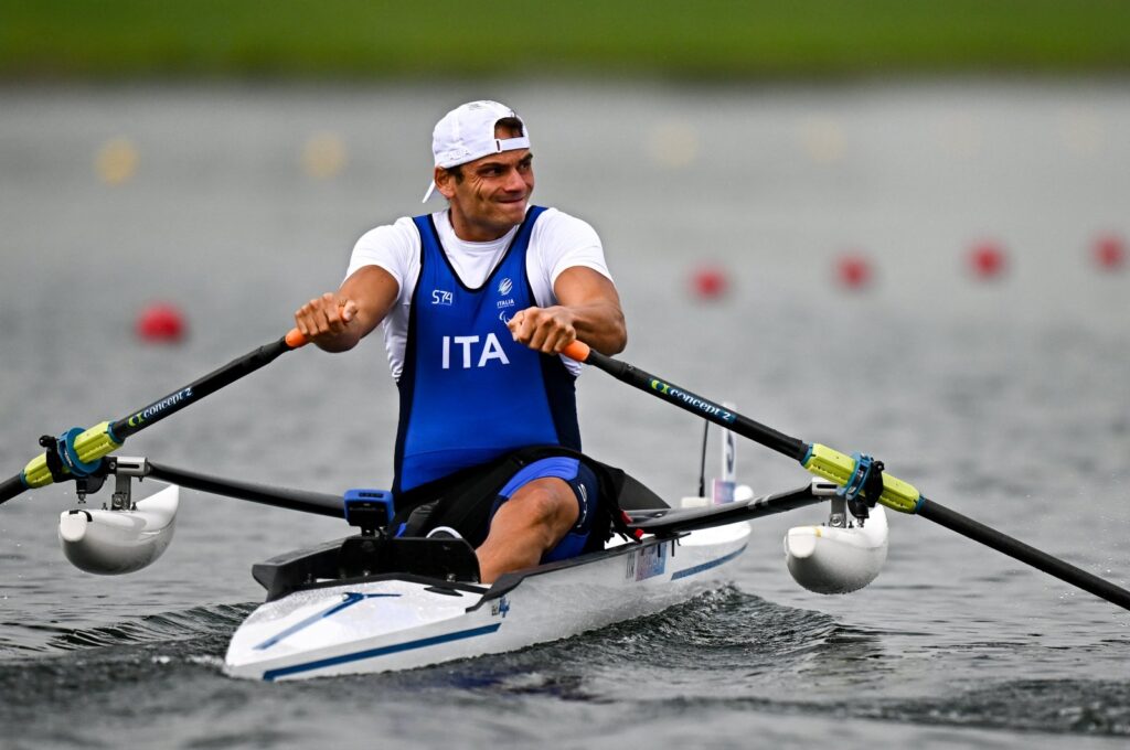 Giacomo Perini of Italy in action during the PR1 men's single sculls heats on Day 2 of the Paris 2024 Paralympic Games at Vaires-sur-Marne Nautical Stadium, Paris, France, Aug. 30, 2024. (Getty Images Photo)