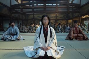 This image released by FX shows Eita Okuno as Saeki Nobutatsu, from left, Anna Sawai as Toda Mariko, Hiromoto Ida as Kiyama Ukon Sadanaga in a scene from "Shogun." (AP Photo)