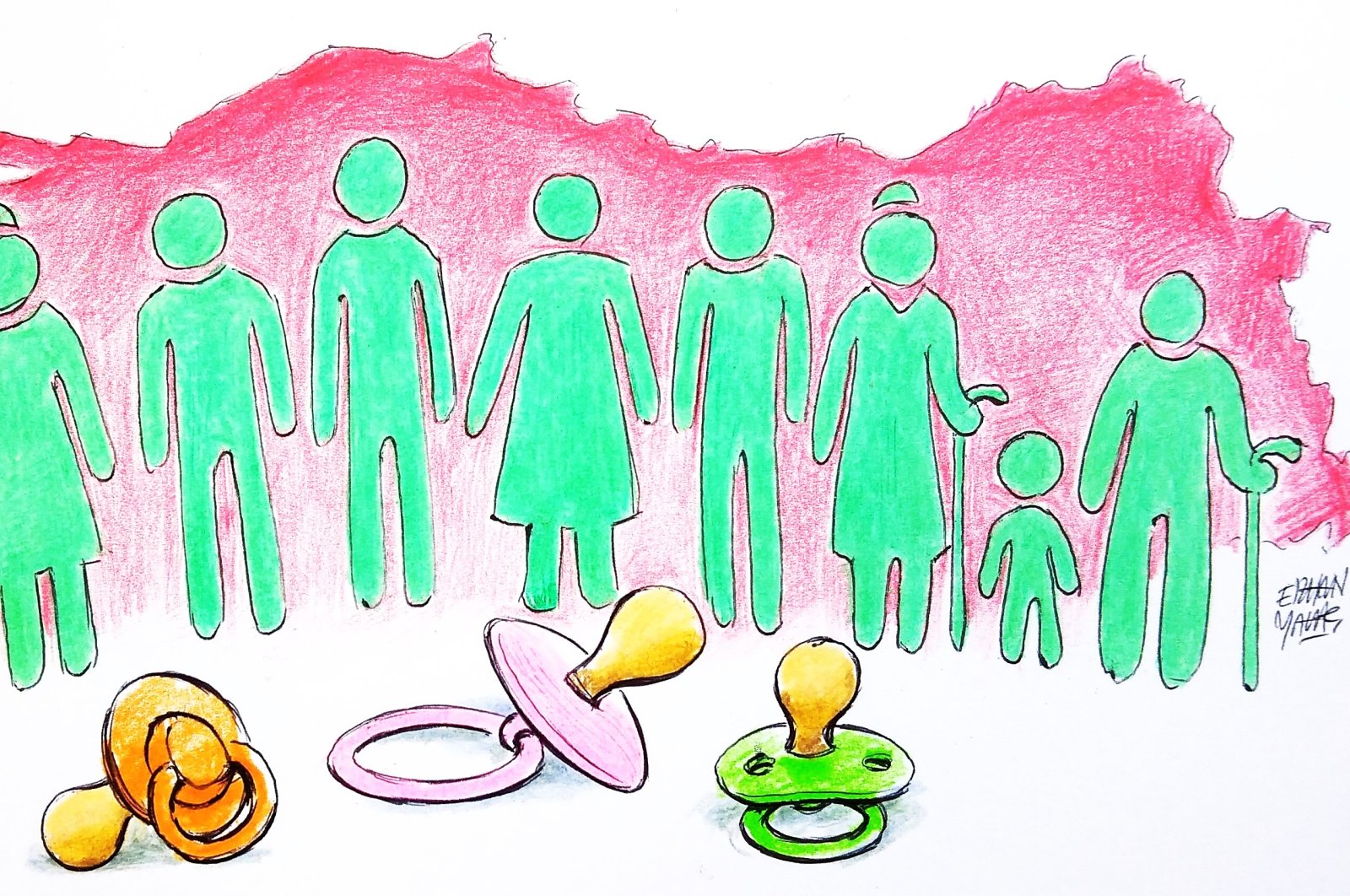 "Although Türkiye is an aging country, its child rate is 26%, well above the EU-27 average (18%). This data shows that Türkiye still has a 10-15-year window of opportunity against the aging crisis." (Illustration by Bünyemin Esen)