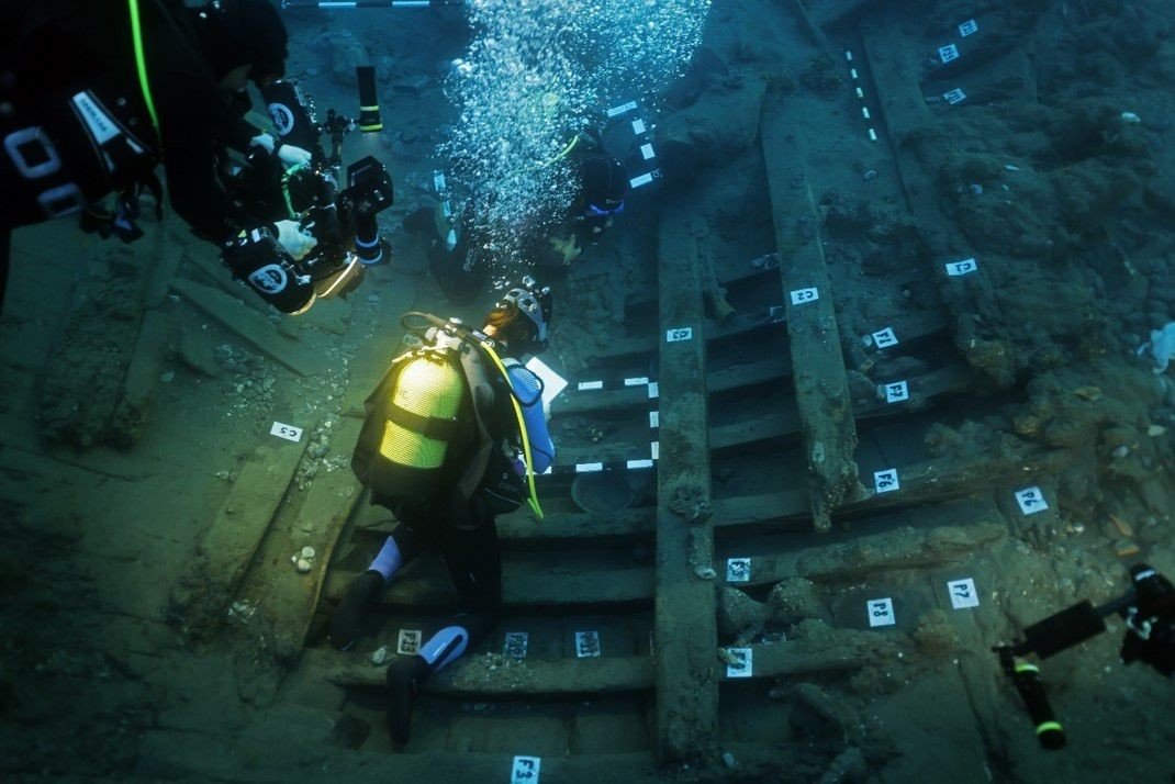 Excavation efforts resume at the Kızlan Ottoman Shipwreck off the coast of Datça, southwestern Türkiye, Sept. 22, 2024. (AA Photo)