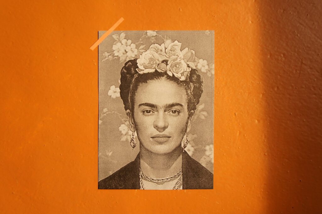 A photo of Frida Kahlo is on display at an exhibit, Lviv, Ukraine, July 22, 2024. (Shutterstock)