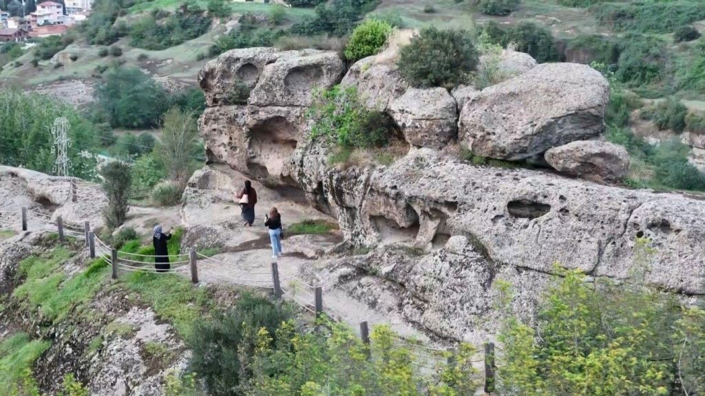 An aerial view shows the multilayered formations of the Tekkeköy Caves, Samsun, Türkiye, Sept. 24, 2024. (IHA Photo)