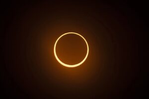 The "ring of fire" annular eclipse during the Albuquerque International Balloon Fiesta in Albuquerque, New Mexico, U.S., Oct. 14, 2023. (AP Photo)