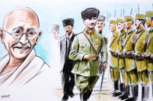 "Gandhi admired Turks as brave warriors, noting their longstanding history as fighters. He acknowledged the founding father of the Republic of Türkiye, Mustafa Kemal Atatürk, as well as his success with the sword, attributing it to the inherent strength found in every Turk's nerve." (Illustration by Erhan Yalvaç)